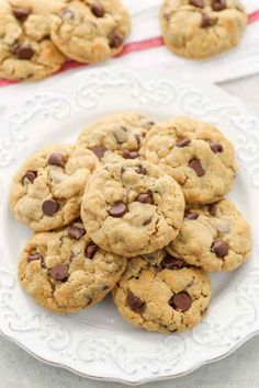 chocolate chip cookies on a white plate