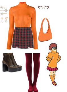 a woman in an orange sweater and plaid skirt with red tights is wearing boots