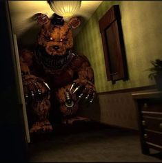 a creepy looking teddy bear sitting in the hallway next to a dresser and table with a lamp on it's head