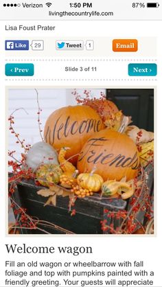 pumpkins and gourds with welcome friends written on them sitting in a crate