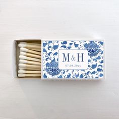 matches in a box with blue flowers and monogrammed initials