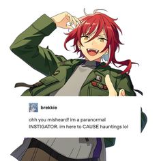 an anime character with red hair and green uniform pointing to her right, while the caption reads,'oh you misherd in a paranoid instagramor, i'm here to cause hunting lo