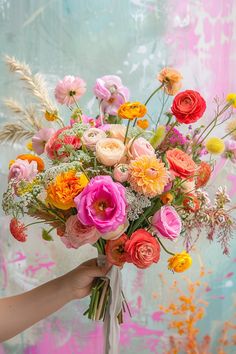 a person holding a bouquet of flowers in front of a colorful wall with paint splatters