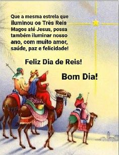 a christmas card with three wise men riding on camels and the words, feliz dia de reia