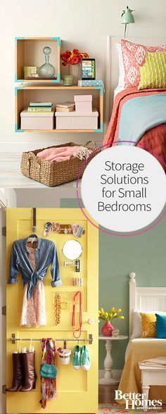 storage solutions for small bedroom's with colorful accessories on shelves and bedding