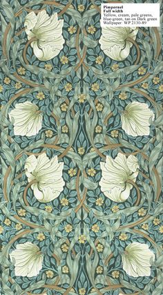 an intricately designed wallpaper with leaves and flowers on it's sides, in green