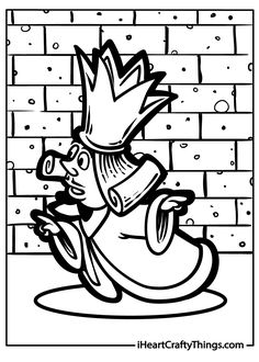 a black and white drawing of a cartoon character sitting in front of a brick wall