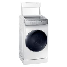 a washing machine with the door open and it's front loader on top