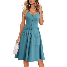 65% Cotton, 35% Polyester Imported Button Fly Closure Casual Button Down Sundress For Women, Upgrade Fabric, Stretchy And Comfortable, Not See Through. Features: Adjustable Spaghetti Strap Summer Dress, Backless, Sexy V-Neck, Two Pockets, Functional Button Down Midi, Below Knee No Built Bra Blue V-neck Dress With Buttons, Casual A-line Midi Dress With Button Closure, Beach A-line Midi Dress With Button Closure, Summer Midi Dress With Buttoned Pockets, A-line Midi Dress With Button Closure For Beach, A-line Beach Midi Dress With Button Closure, Blue A-line Midi Dress With Buttons, Blue Knee-length Dress With Button Closure, Blue Beach Dress With Button Closure