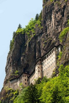 an old castle built into the side of a mountain with trees growing out of it