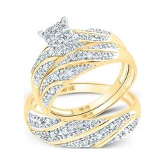 two pieces of gold and white diamond ring set on top of each other, with the center