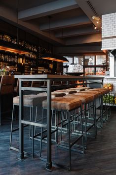 an empty bar with stools and barstools