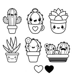 cute cactus and succulents in pots with hearts on the floor coloring pages