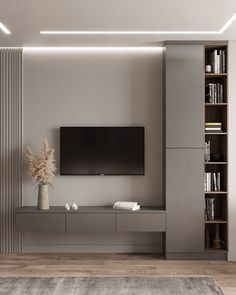 a living room with a large flat screen tv mounted to the side of a wall