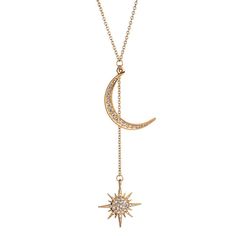 You Will Sparkle Wearing This Stunning Crystal Moon And Star Lariat Necklace. Gorgeous Gold Moon And Star Pendants With Glass Rhinestones In A Gold Finish. Stone: Glass Rhinestones Necklace Size: 17" L With 2" Extender Pendant Size: 3 1/4" Color: Vintage Gold Moon And Star Pendant, Miss Someone, Stars Jewelry, Star And Moon Necklace, Star And Moon, Jewel Necklace, Moon Pendant Necklace, Star Pendant Necklace, Dangle Necklaces