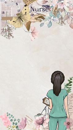 a woman standing in front of a wall with flowers and butterflies on it, reading a book