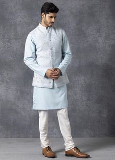 Blue Nehru Jacket Men, Lucknowi Kurta For Men Wedding, Indian Sangeet, Mens Party Wear, Gents Kurta Design, Gents Kurta, Indian Handicrafts, Men Kurta, Blue Kurta