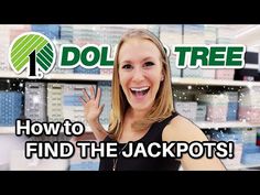 a woman standing in front of shelves holding her hand up to the camera with text dol tree how to find the jackpots