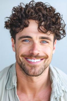 Tousled Cropped Curls Hairstyle on a smiling man with brown hair. Modern Curly Hairstyles, Short Curly Hair Men, Curly Hairstyles For Men, Shoulder Length Curls, Enhance Natural Curls, Curly Haircut, Curly Undercut, Volume Curls, Medium Curls