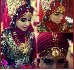 a woman wearing a red and gold headpiece with jewels on her forehead, in three different pictures