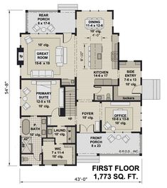 the first floor plan for a house with three bedroom, two bathroom and one living room