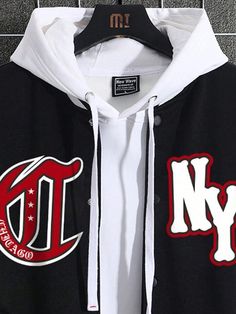 Black Varsity Jacket With Buttons For Winter, Black Long Sleeve Varsity Jacket With Buttons, Black Varsity Jacket With Buttons For Fall, Black Fall Varsity Jacket With Buttons, Black Buttoned Outerwear For College, Casual Hooded Varsity Jacket With Button Closure, Black Long Sleeve Varsity Jacket With Patchwork, Black Hooded Varsity Jacket With Patchwork, Black Patchwork Top For College