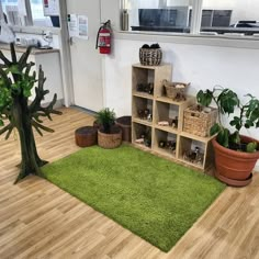 a room with wooden floors and green rugs on the floor next to potted plants