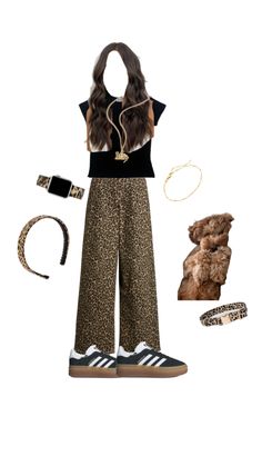 a woman in black shirt and leopard print pants with headbands, shoes and accessories