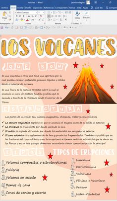 an image of a volcano in the middle of a page with words and stars on it