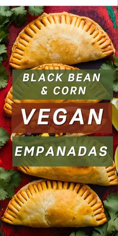 black bean and corn vegan empanadas on a red background with cilantro