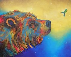 a painting of a bear and a bird on a blue background with yellow, pink, orange, and green hues