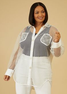 Make a splash in this daringly sexy mesh shirt with its sheer, open net design. Long Sleeve Fishnet Tops For Summer, Summer Long Sleeve Fishnet Top, Summer Sheer Sleeves Button-up Blouse, Summer Button-up Top With Sheer Sleeves, Summer Sheer Collared Tops, Sheer Collared Top For Summer, Sheer Collared Summer Top, Chic Long Sleeve Fishnet Top, Spring Mesh Blouse With Mesh Sleeves