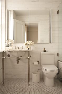 a white toilet sitting next to a bathroom sink under a large mirror in a bathroom