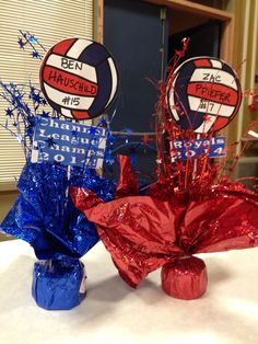 red, white and blue decorations on a table