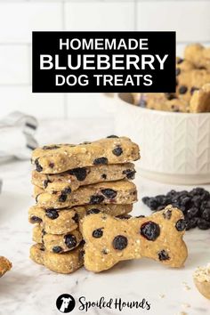 homemade blueberry dog treats stacked on top of each other with the title text overlay