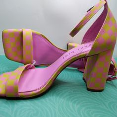 Pretty , Pedicure-Ready Open Toe, Summer Shoe;Striking Pink/Chartreuse Yellow Checker Pattern Overall; Stable Block Heel & Ankle Strap, Super- Feminine Color-Block ; Unique & Lovely. Pops With A White Dress, Or Give Your Barbie 'Fit Some Pizazz! New! Never-Worn. No Box. Neon Yellow Ankle Strap Sandals For Spring, Yellow Round Toe Heels For Spring, Trendy Yellow Heels For Spring, Silver Rhinestone Heels, Stable Block, Ankle Pumps, Ankle Wrap Heels, Black Strap Heels, Platform Shoes Heels