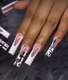 Square Freestyle Nails, 3d Croc Nail Design, Baddie Graduation Nails, Exotic Nail Designs Medium, Hype Beast Nails, Black And White Birthday Nails, Birthday Nails Black Women, Acrylic Frenchies, Bling French Tip Nails