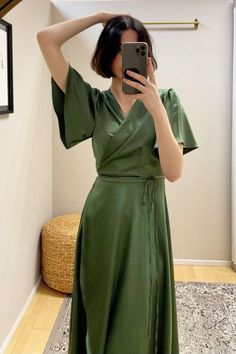 olive green short sleeve long bridesmaid dreess with v-neck #bridesmaiddress#bridesmaidpartydress#wedding Olive Green Shorts, Dress With Short Sleeves, Long Bridesmaid Dress, Bridesmaid Dress, Olive Green, Wrap Dress, Short Dresses, Bridesmaid Dresses, Short Sleeves