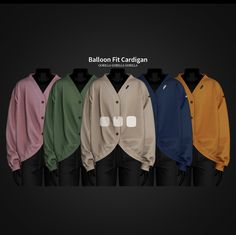 a row of different colored sweaters hanging on a rack with the words balloon fit cardigan