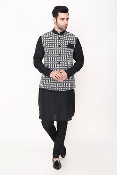 Shop for Manish Nagdeo Black Cotton Silk Embroidered Bundi Jacket And Kurta Set for Men Online at Aza Fashions Traditional Black Cotton Nehru Jacket, Cotton Nehru Jacket For Winter Festive Occasions, Festive Cotton Nehru Jacket For Winter, Winter Festive Cotton Nehru Jacket, Cotton Straight Kurta Set For Winter, Winter Cotton Straight Kurta Set, Silk Churidar, Sleeveless Kurta, Kurta Set For Men