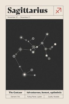 the zodiac sign sagittarius is depicted in this black and white poster with stars