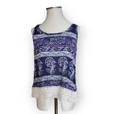 New With Tags Anthropologie Raga Island Printed Sleeveless Top Blue Sz Small Blue, Purple And White Top Lace Trim At The Bottom Measurements Laying Flat Pit To Pit: 19" Length: 23.5" Embroidered Tunic Top, Hippie Tops, Tie Crop Top, Printed Tunic Tops, Tie Dye Tank Top, Printed Sleeveless Top, White Lace Top, Embroidered Tunic, Purple And White