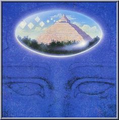 an image of a pyramid with its reflection in it's eyes and the sky