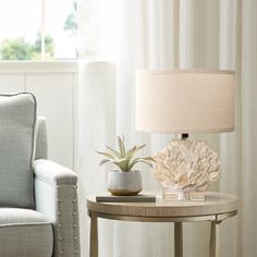 a living room scene with focus on the end table and chair next to the couch