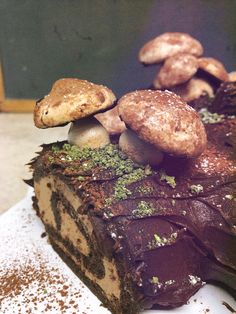 a piece of chocolate cake with mushrooms on top