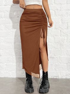 Women Brown Knitted Drawstring Side Slit Straight Fitted Skirt Coffee Brown Casual,Sexy   Knitted Fabric Plain Slit Medium Stretch  Women Clothing, size features are:Bust: ,Length: ,Sleeve Length: Plain Skirt, Drawstring Skirt, Women Skirts, Boho Skirts, Coffee Brown, Fitted Skirt, Aesthetic Outfits, Women Clothing, Maxi Skirt