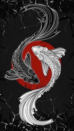 two koi fish swimming in front of a red and white circle on black background