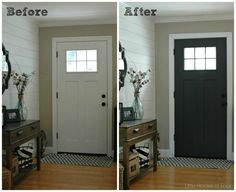 before and after photos of a front door with flowers in vases on the table