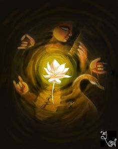 an artistic painting of a person holding a white flower in front of a green light