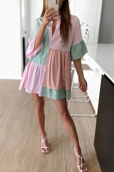 Stripe Color Block Half Button Mini Dress Puff Long Sleeves, Neck Bodycon Dress, Draped Dress, Mini Shirt Dress, Kimono Dress, Long Sleeve Mini, Pink Beige, Sleeveless Mini Dress, Long Sleeve Mini Dress